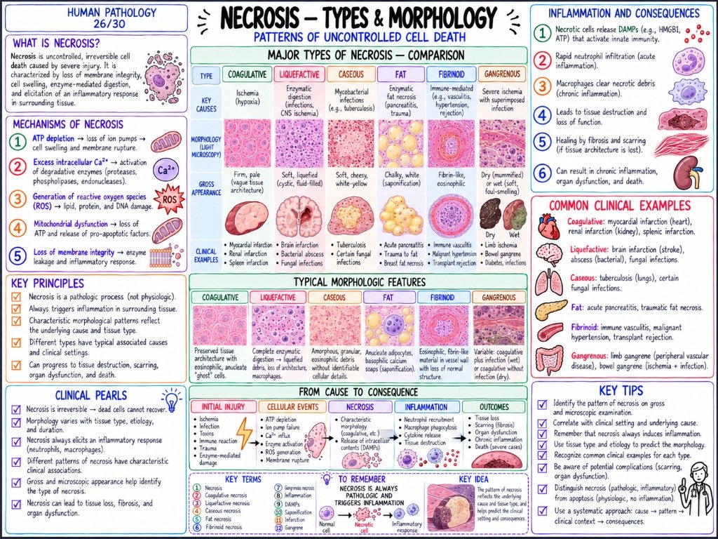 Necrosis โ Types & Morphology (26/30) โ Patterns of Uncontrolled Cell Death
