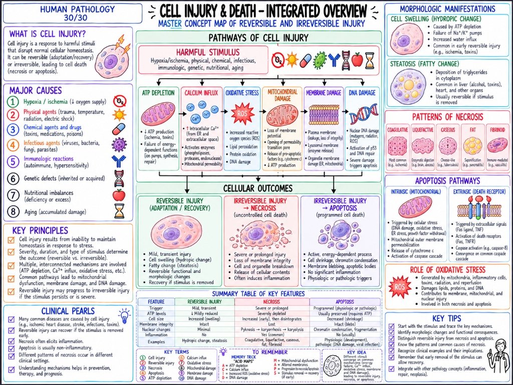 Cell Injury & Death โ Integrated Overview (30/30) โ Master Concept Map of Reversible & Irreversible Injury