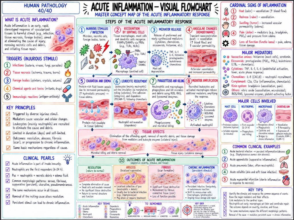 Acute Inflammation โ Visual Flowchart (40/40) โ Master Concept Map of the Acute Inflammatory Response