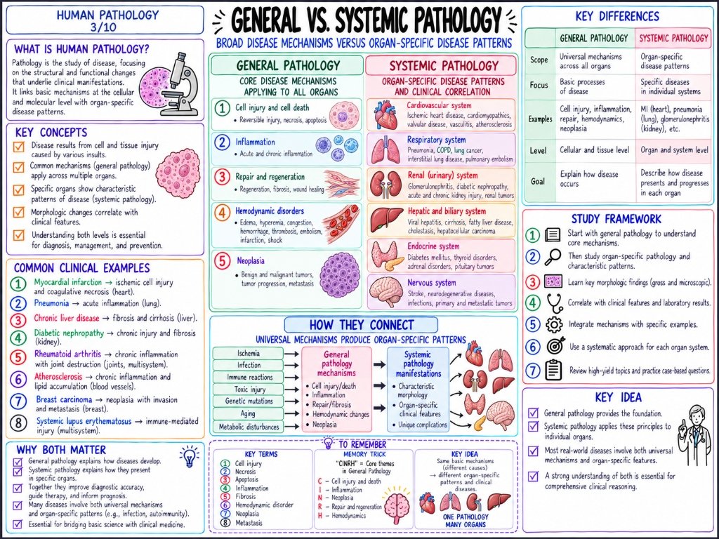 General vs. Systemic Pathology (3/10) โ Broad Disease Mechanisms Versus Organ-Specific Disease Patterns